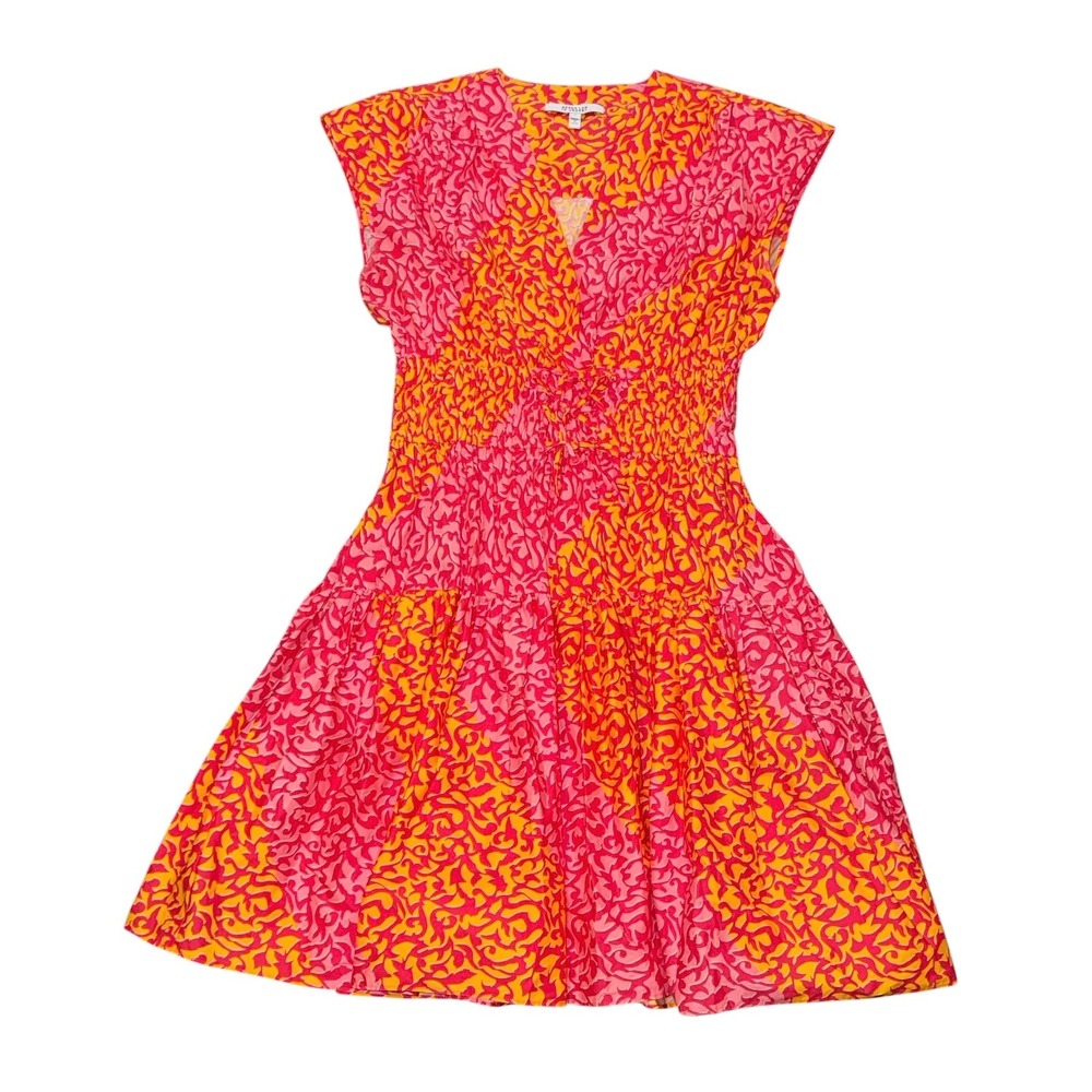 Derek Lam 10 Crosby Tora Printed V Neck Mini Dress Smocked Tie A Line Size 6